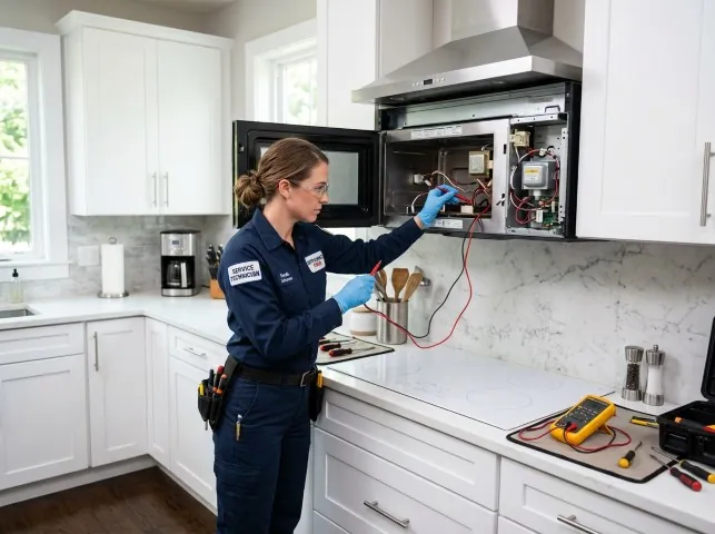Appliance Repair Hero technician testing an over-the-range microwave in a Atlanta, KS kitchen